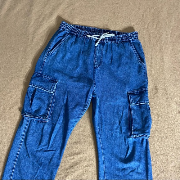 Blue Denim High-Rise Cargo Joggers - Picture 3 of 12